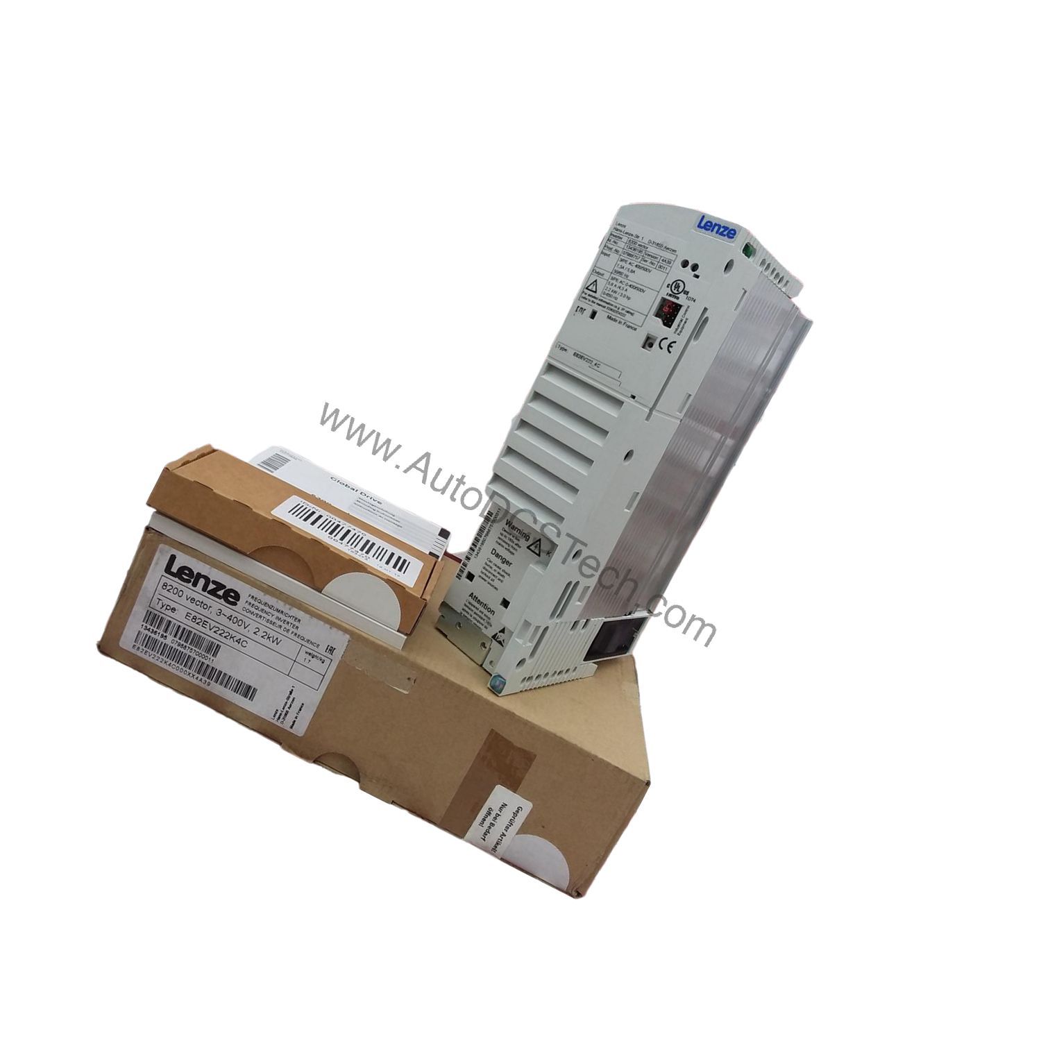 Figure 2: Technical layout and connection details for the Lenze E82EV222K4C industrial automation component.