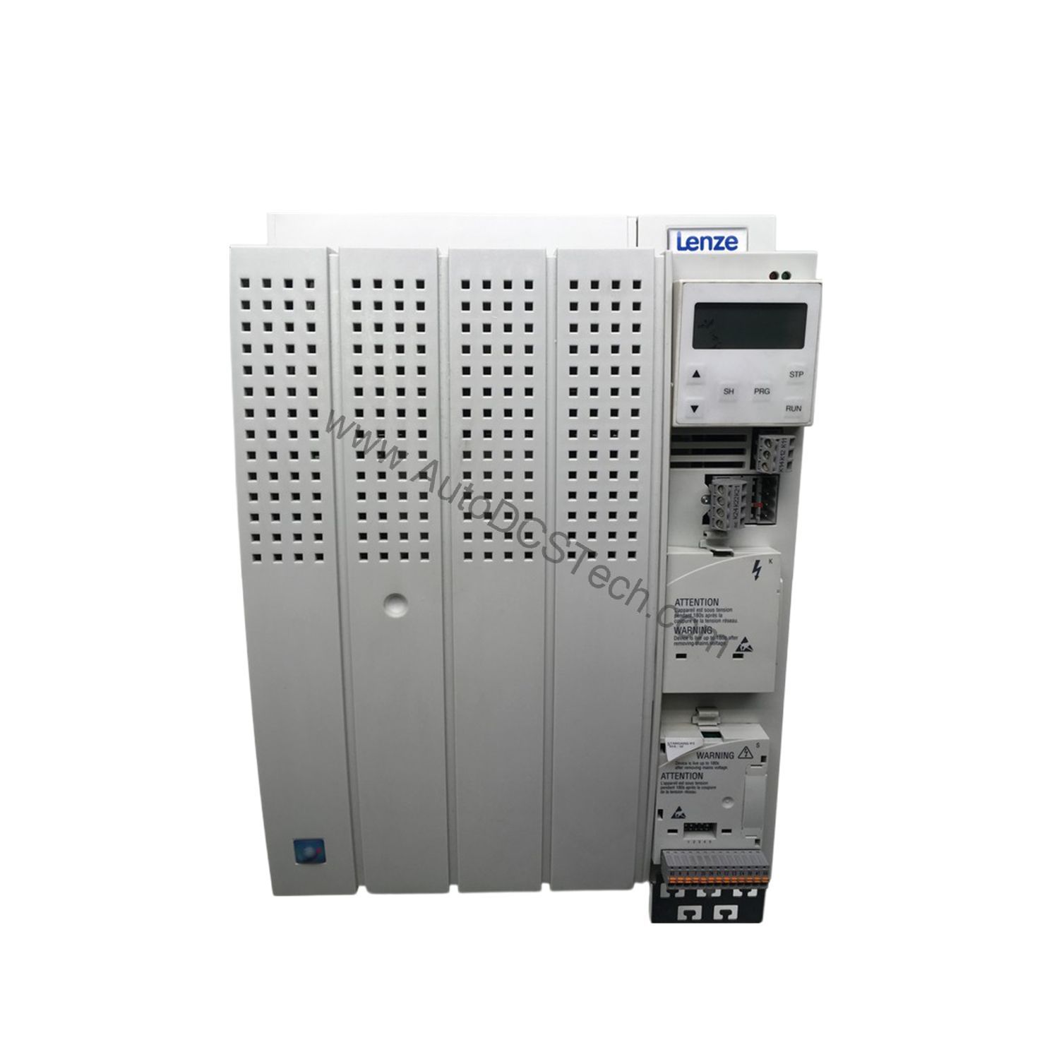 Figure 1: Front view of the Lenze E82EV303K4B201 industrial automation component showing its physical design and enclosure.