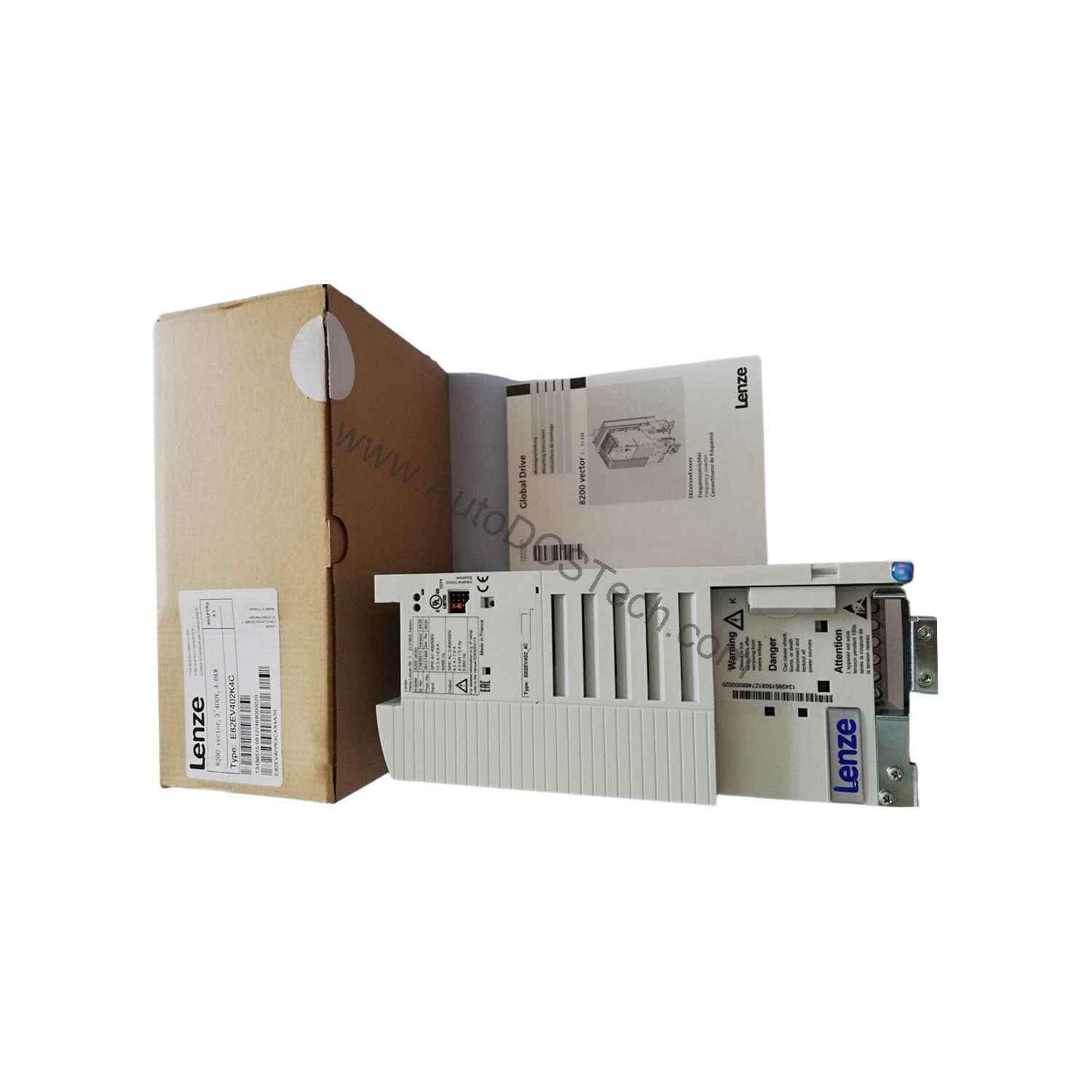 Figure 2: Technical layout and connection details for the Lenze E82EV402K4C industrial automation component.
