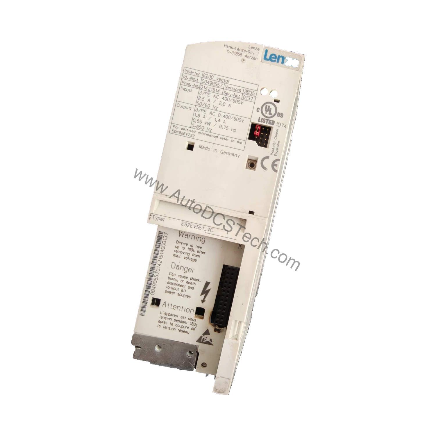 Figure 1: Front view of the Lenze E82EV551K2C200 industrial automation component showing its physical design and enclosure.