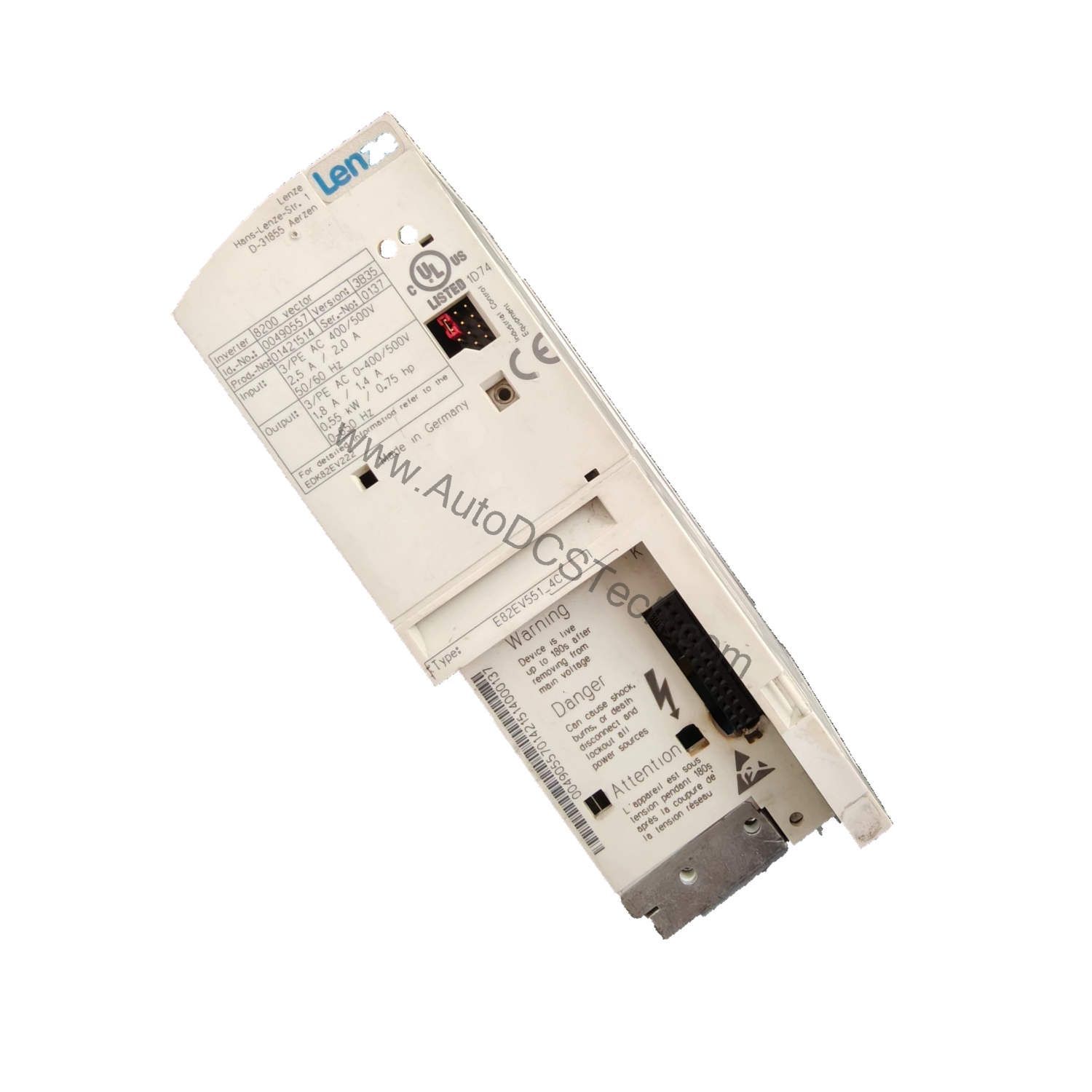 Figure 2: Technical layout and connection details for the Lenze E82EV551K2C200 industrial automation component.
