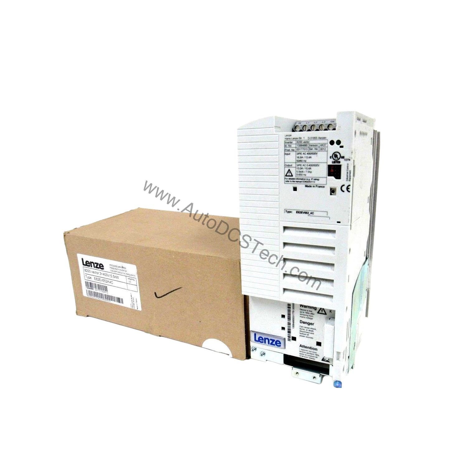 Figure 1: Front view of the Lenze E82EV552K4C industrial automation component showing its physical design and enclosure.