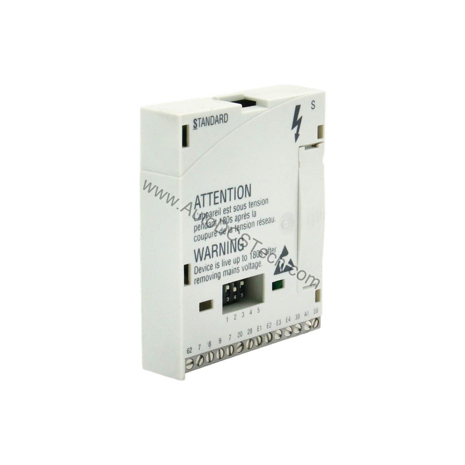 Figure 1: Front view of the Lenze E82ZAFCC201 industrial automation component showing its physical design and enclosure.