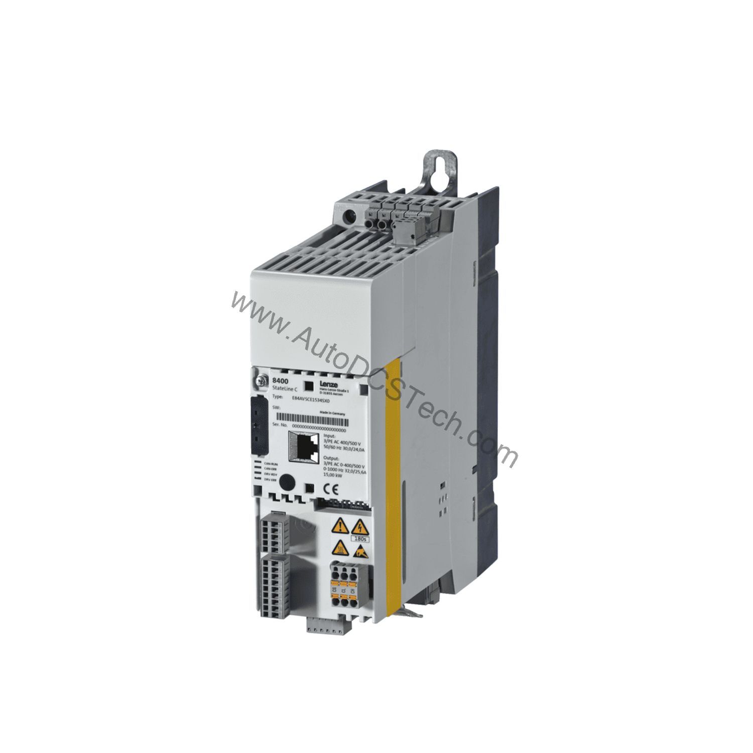 Figure 2: Technical layout and connection details for the Lenze E84AVHCE3714SX0 industrial automation component.