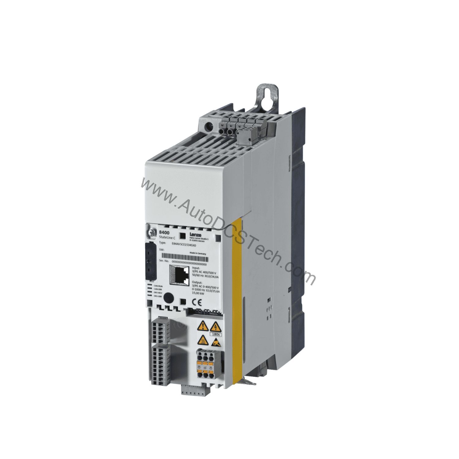 Figure 2: Technical layout and connection details for the Lenze E84AVHCE5512SX0 industrial automation component.