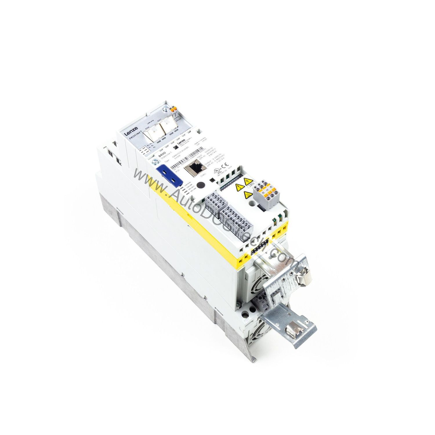 Figure 2: Technical layout and connection details for the Lenze E84AVSCE3024SBS industrial automation component.