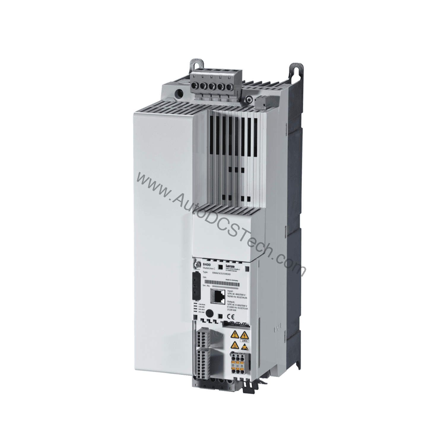 Figure 2: Technical layout and connection details for the Lenze E84AVSCE7524VX0 industrial automation component.