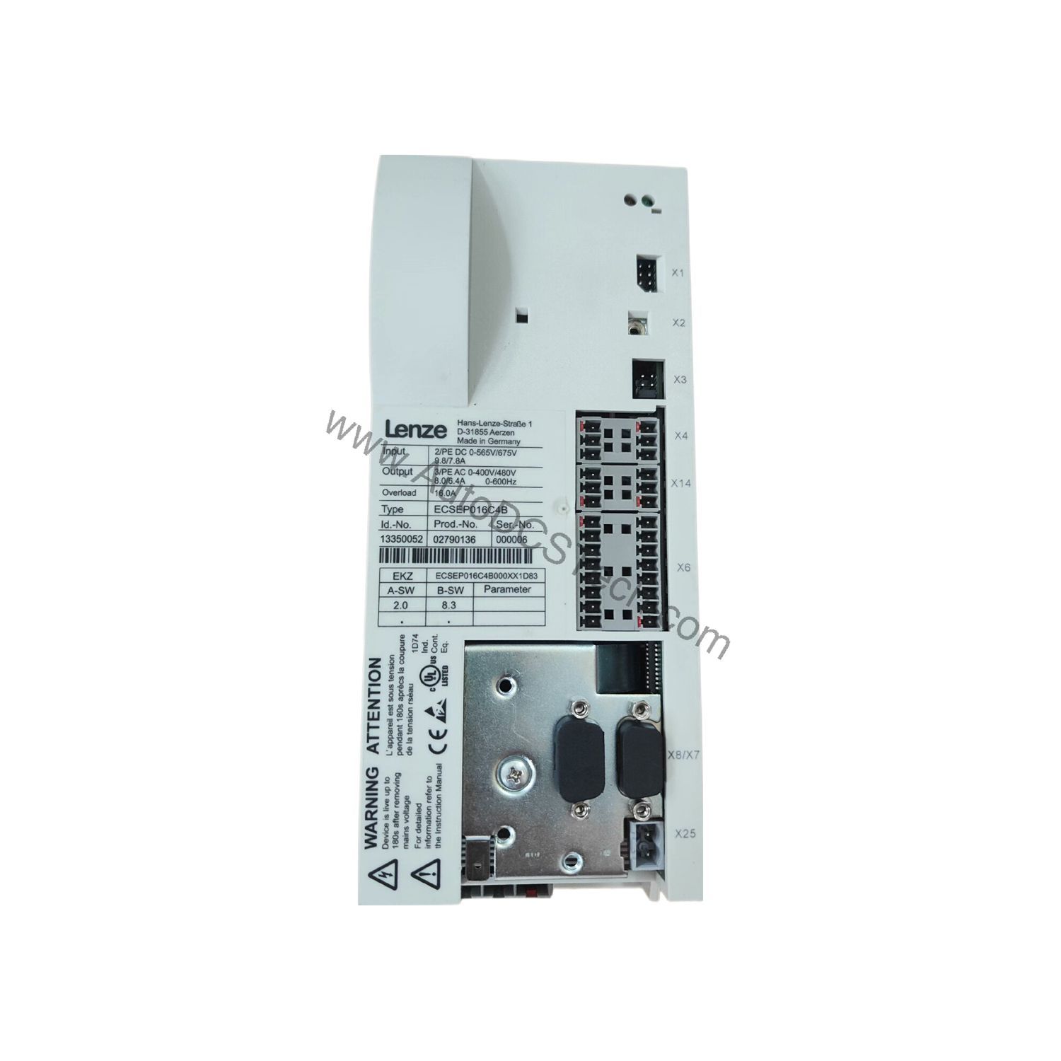 Figure 1: Front view of the Lenze ECSEP016C4B industrial automation component showing its physical design and enclosure.