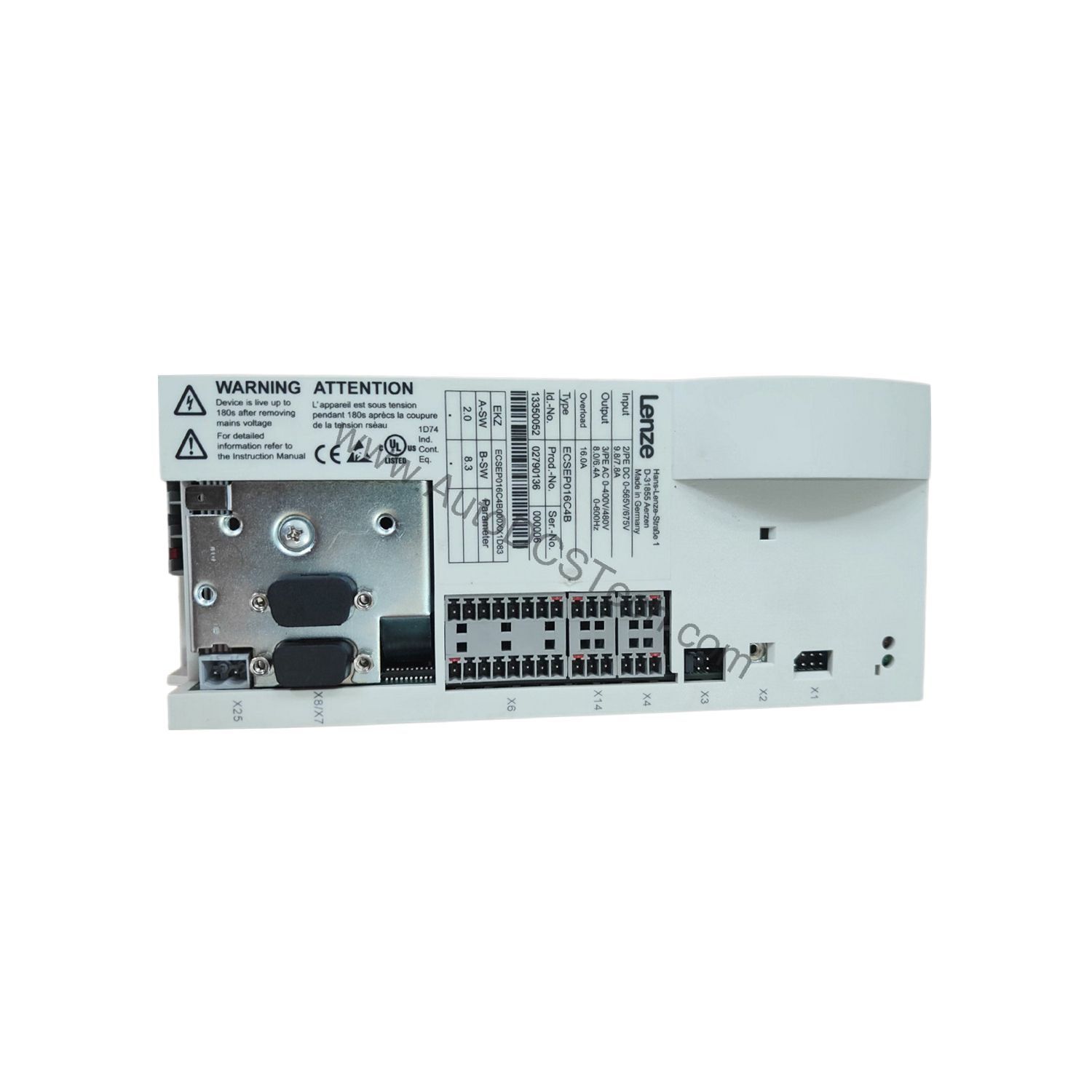 Figure 2: Technical layout and connection details for the Lenze ECSEP016C4B industrial automation component.