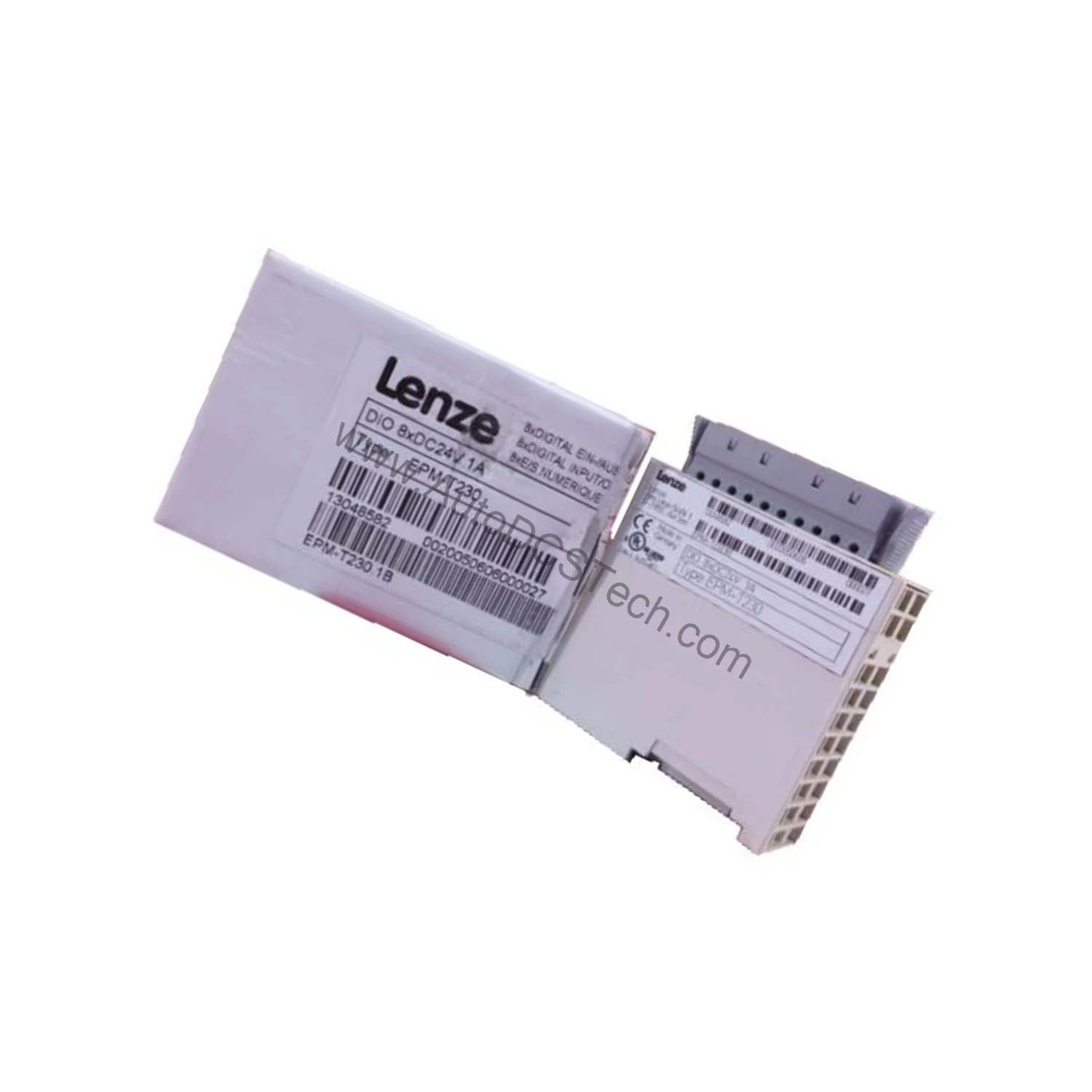 Figure 2: Technical layout and connection details for the Lenze EPM-T230 industrial automation component.
