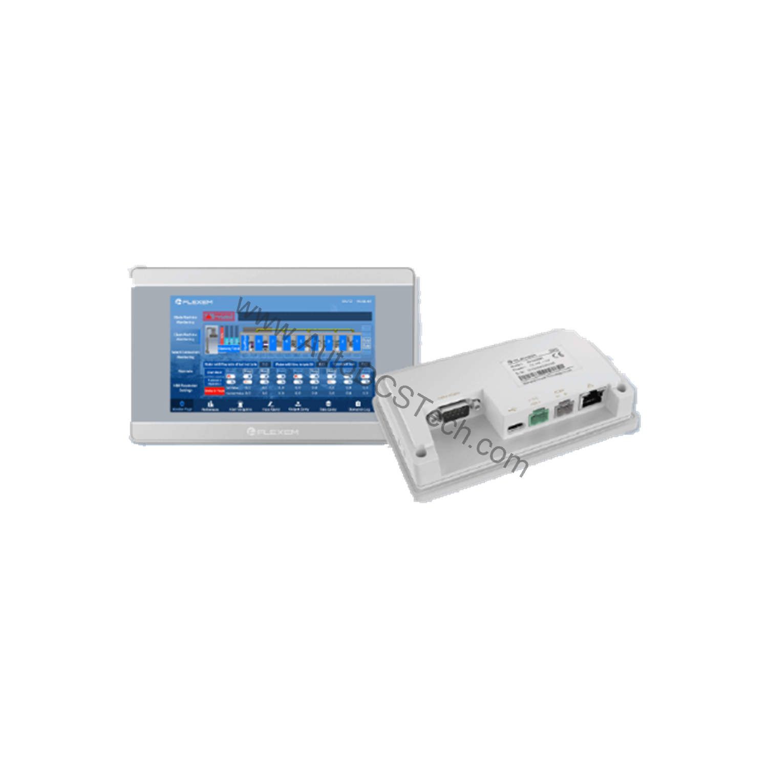 Figure 2: Technical layout and connection details for the Flexem FE7043WE industrial automation component.