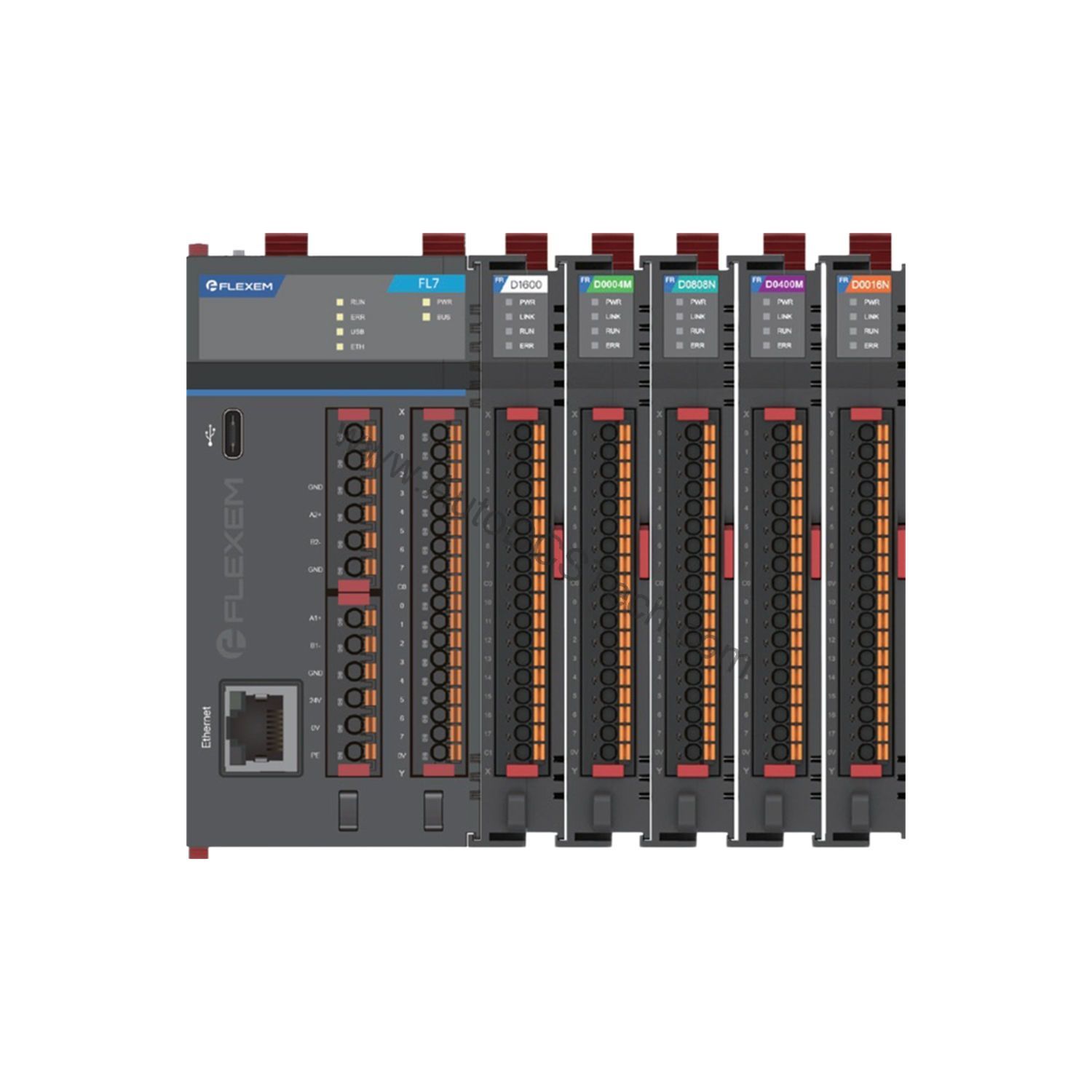 Figure 1: Front view of the Flexem FR-A0004M industrial automation component showing its physical design and enclosure.