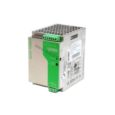 Figure 1: Front view of the Allen-Bradley QUINT-PS-100-240AC/24DC/10 industrial automation component showing its physical design and enclosure.