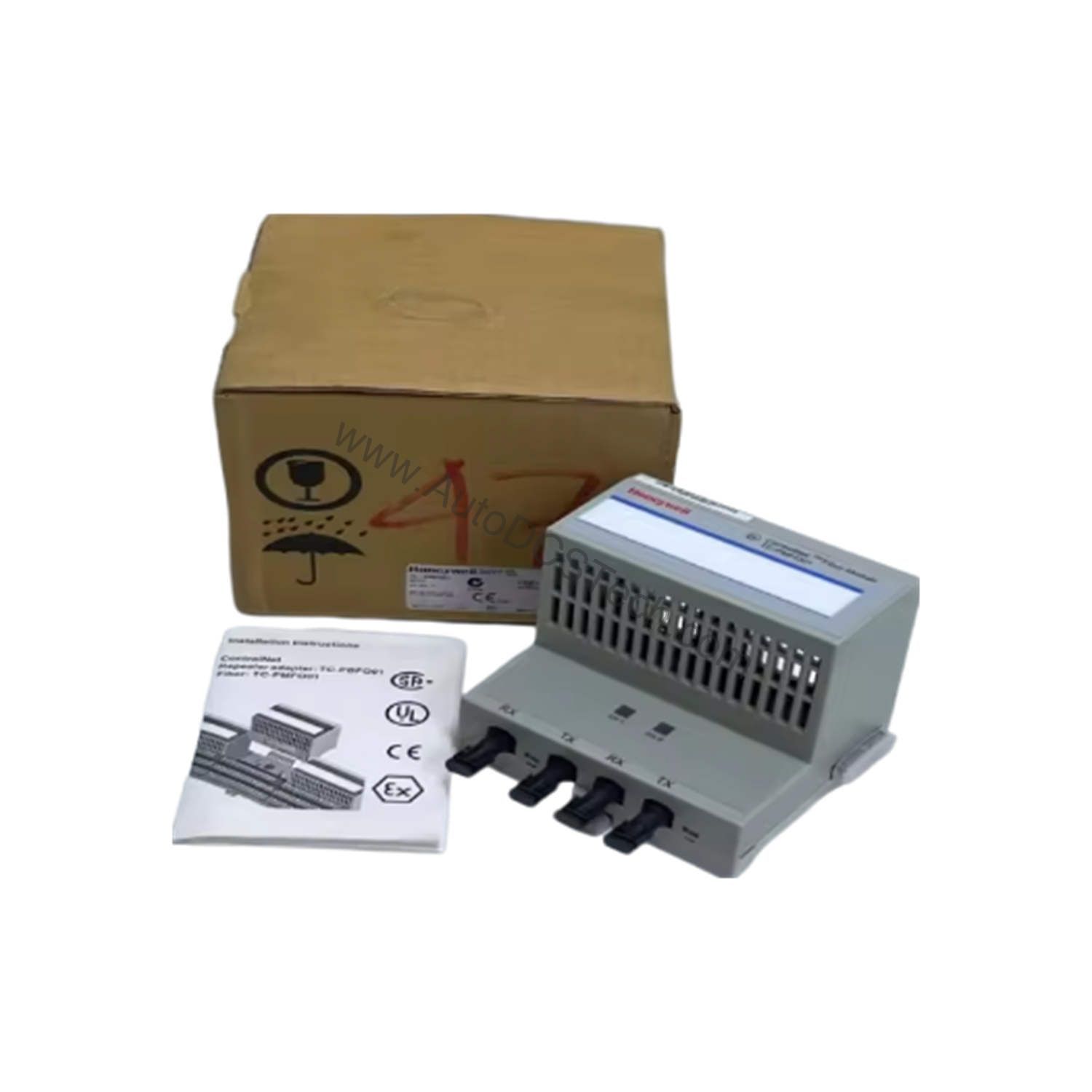 Figure 1: Front view of the Honeywell TC-PMFO01 industrial automation component showing its physical design and enclosure.