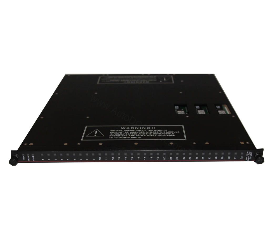 Figure 1: Front view of the Triconex 3502E industrial automation component showing its physical design and enclosure.