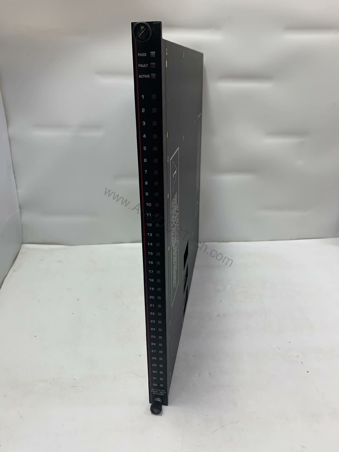 Figure 1: Front view of the Triconex 3503E industrial automation component showing its physical design and enclosure.