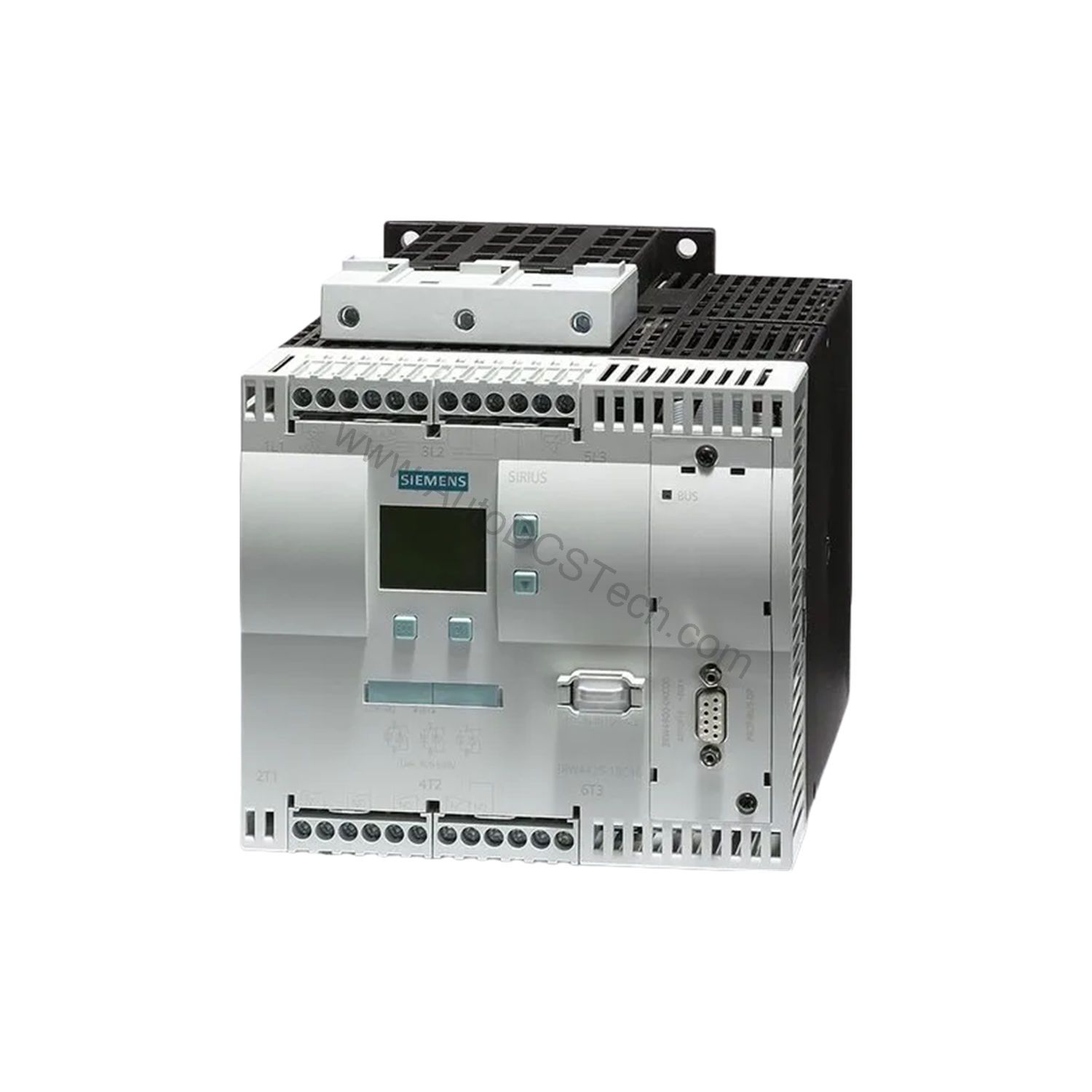 Figure 2: Technical layout and connection details for the Siemens 3RW4427-1BC44 industrial automation component.