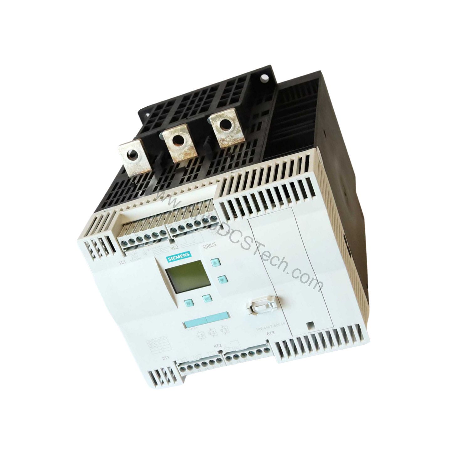 Figure 2: Technical layout and connection details for the Siemens 3RW4434-6BC44 industrial automation component.