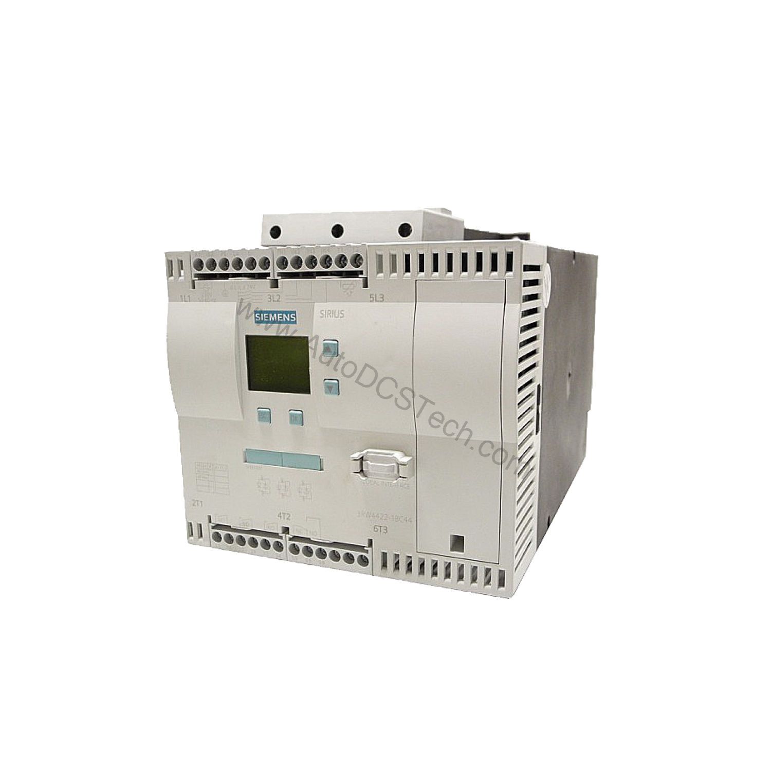 Figure 1: Front view of the Siemens 3RW4435-6BC44 industrial automation component showing its physical design and enclosure.