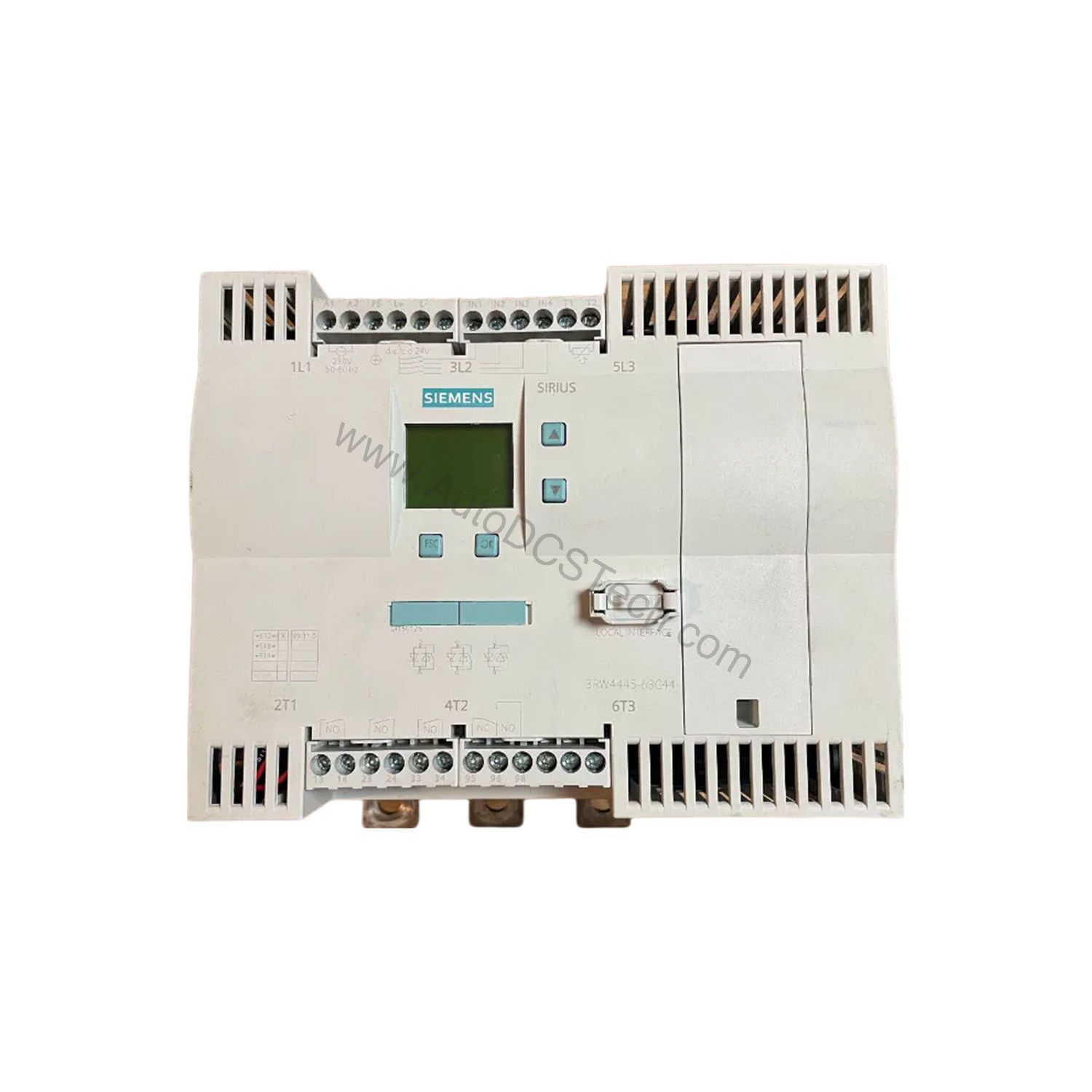 Figure 1: Front view of the Siemens 3RW4446-6BC44 industrial automation component showing its physical design and enclosure.