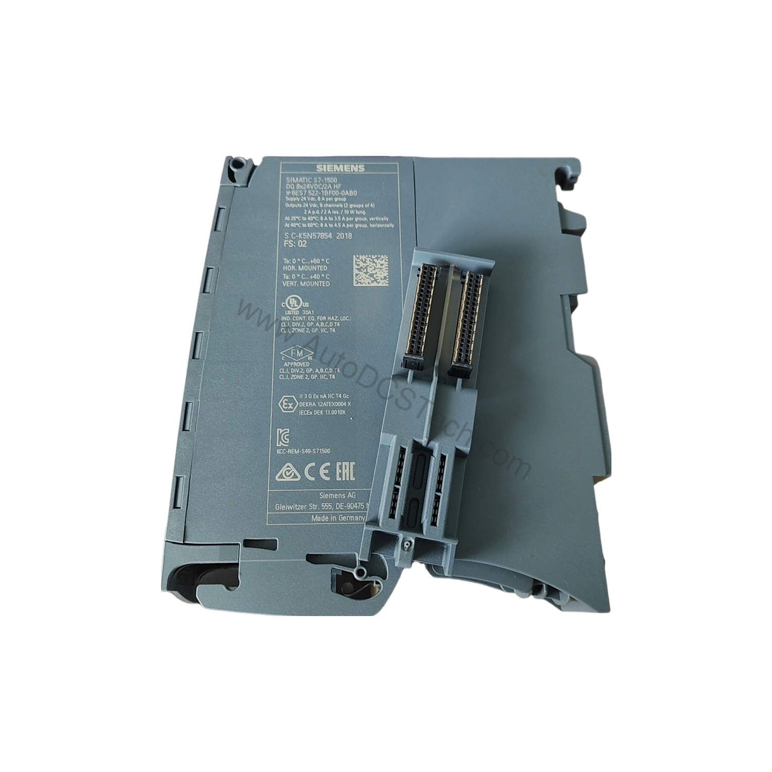 Figure 1: Front view of the Siemens 6ES7522-1BF00-0AB0 industrial automation component showing its physical design and enclosure.