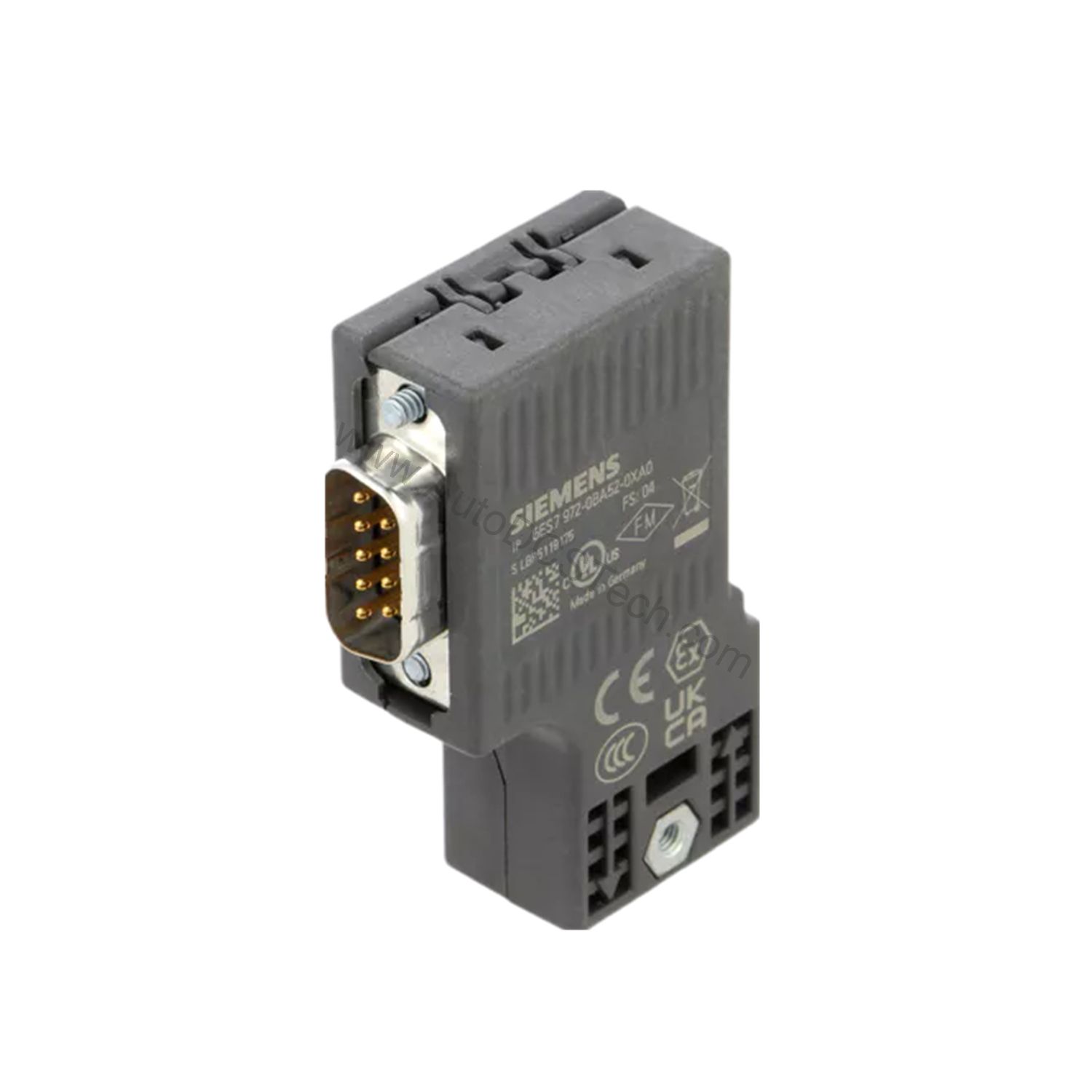 Figure 1: Front view of the Siemens 6ES7972-0BA52-0XA0 industrial automation component showing its physical design and enclosure.