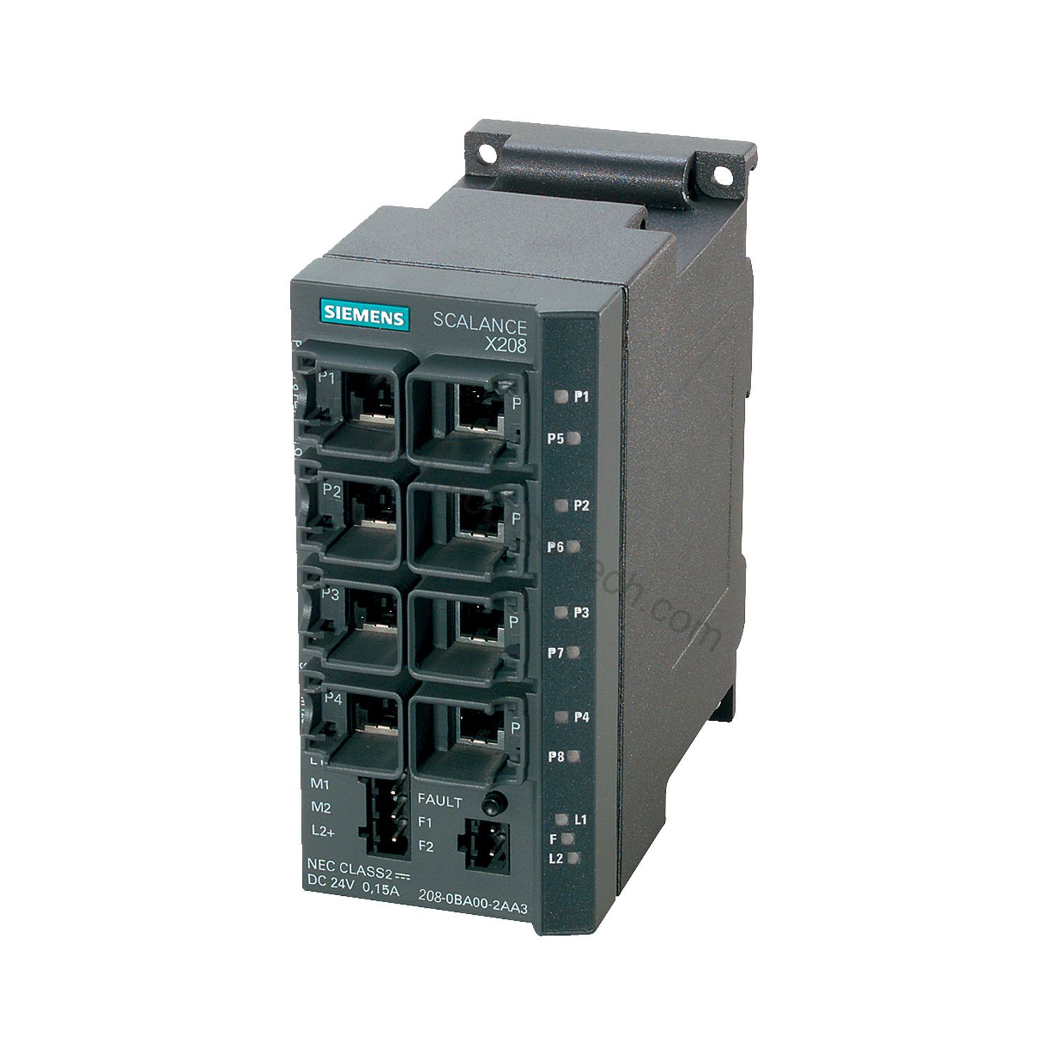 Figure 1: Front view of the Siemens 6GK5208-0BA10-2AA3 industrial automation component showing its physical design and enclosure.