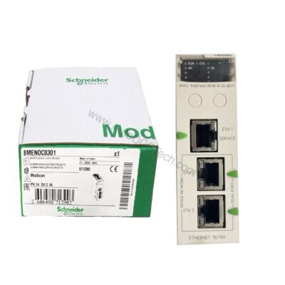 Figure 1: Front view of the Schneider Electric BMENOR2200 industrial automation component showing its physical design and enclosure.