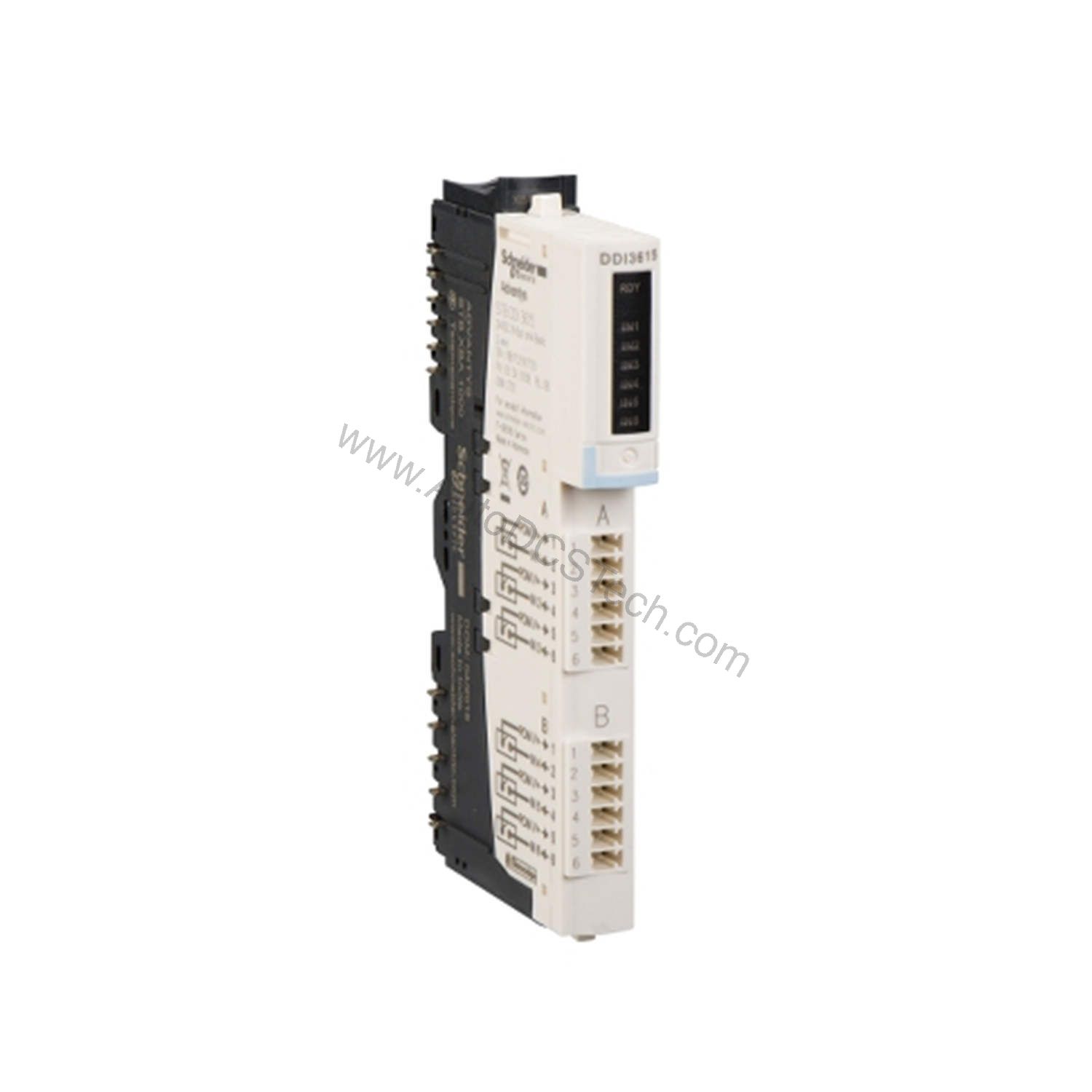 Figure 1: Front view of the Schneider Electric STBDDO3230 industrial automation component showing its physical design and enclosure.