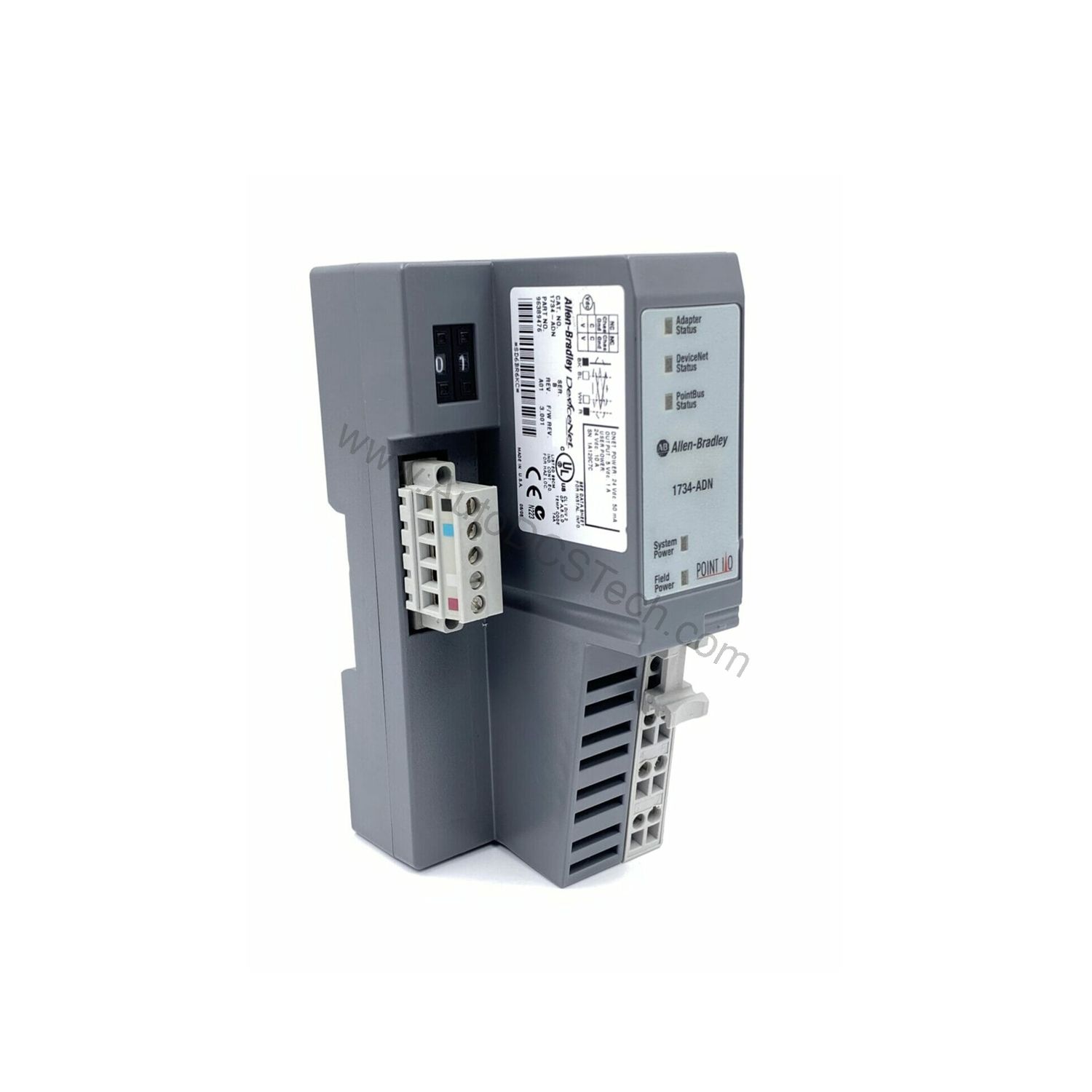 Figure 1: Front view of the Allen-Bradley 1734-ADN/B industrial automation component showing its physical design and enclosure.