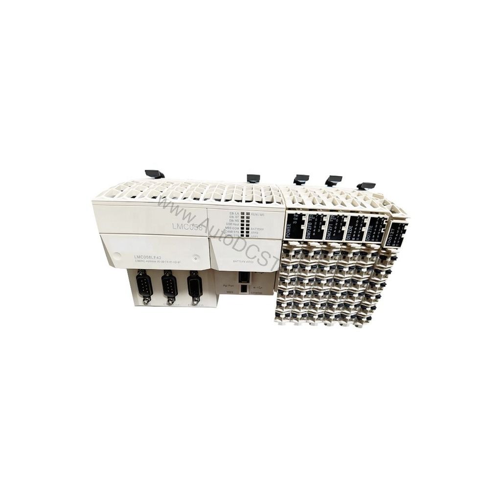 Figure 1: Front view of the Schneider Electric LMC058LF42 industrial automation component showing its physical design and enclosure.