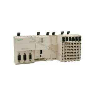 Figure 2: Technical layout and connection details for the Schneider Electric LMC058LF424 industrial automation component.