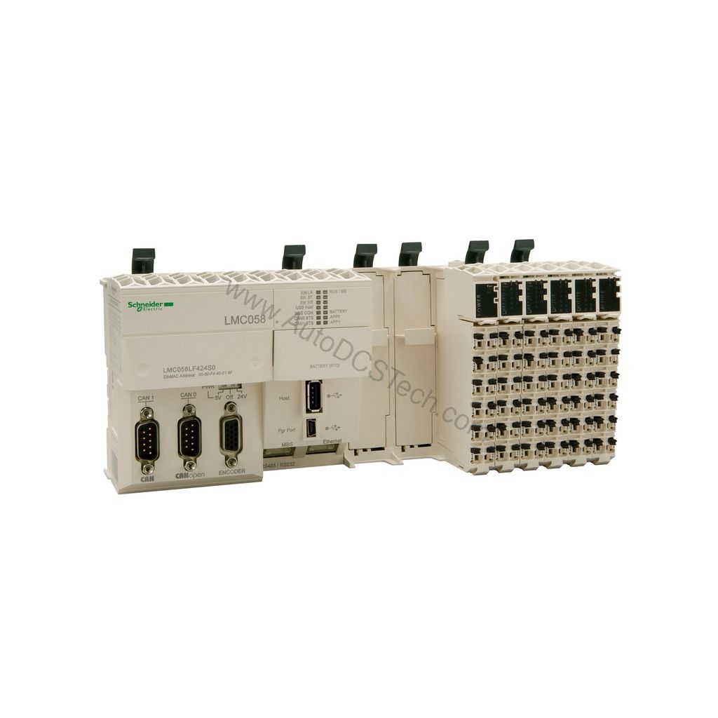 Figure 2: Technical layout and connection details for the Schneider Electric LMC058LF424 industrial automation component.