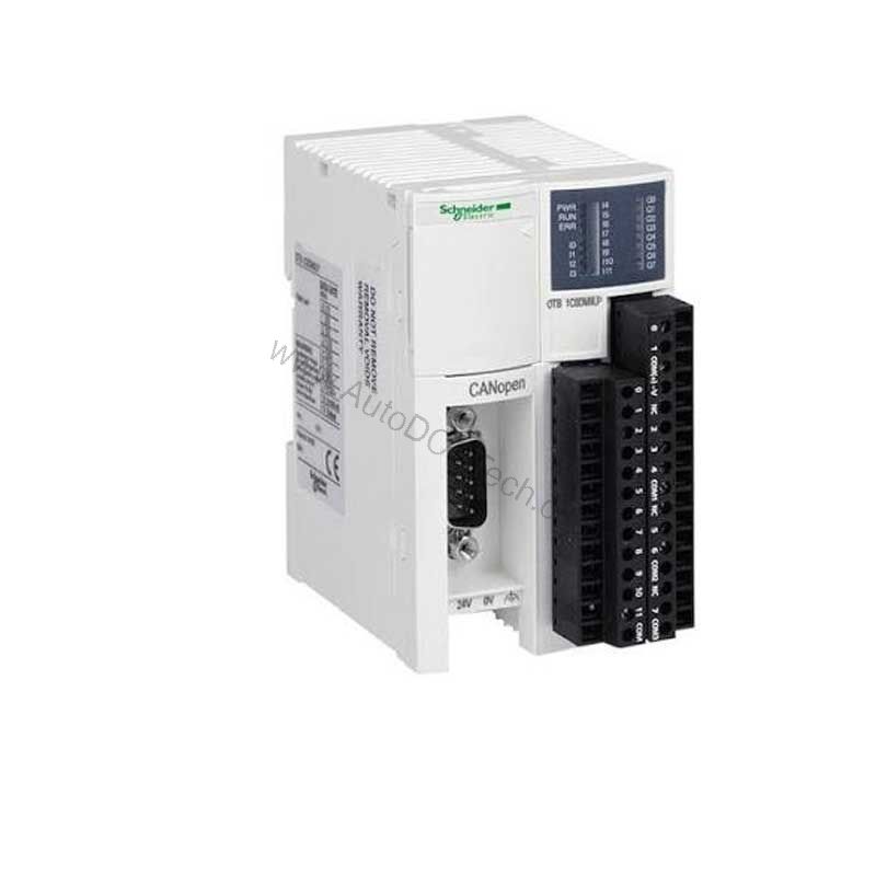 Figure 1: Front view of the Schneider Electric OTB1CODM9LP industrial automation component showing its physical design and enclosure.
