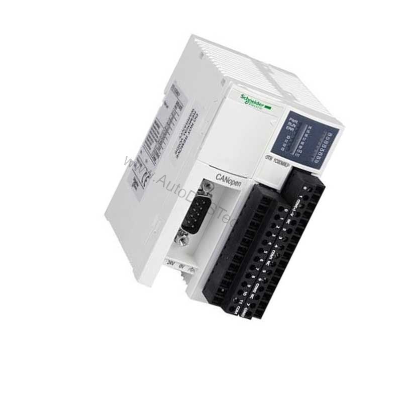 Figure 2: Technical layout and connection details for the Schneider Electric OTB1CODM9LP industrial automation component.