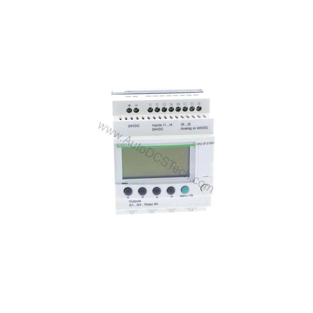 Figure 1: Front view of the Schneider Electric SR2B121BD industrial automation component showing its physical design and enclosure.
