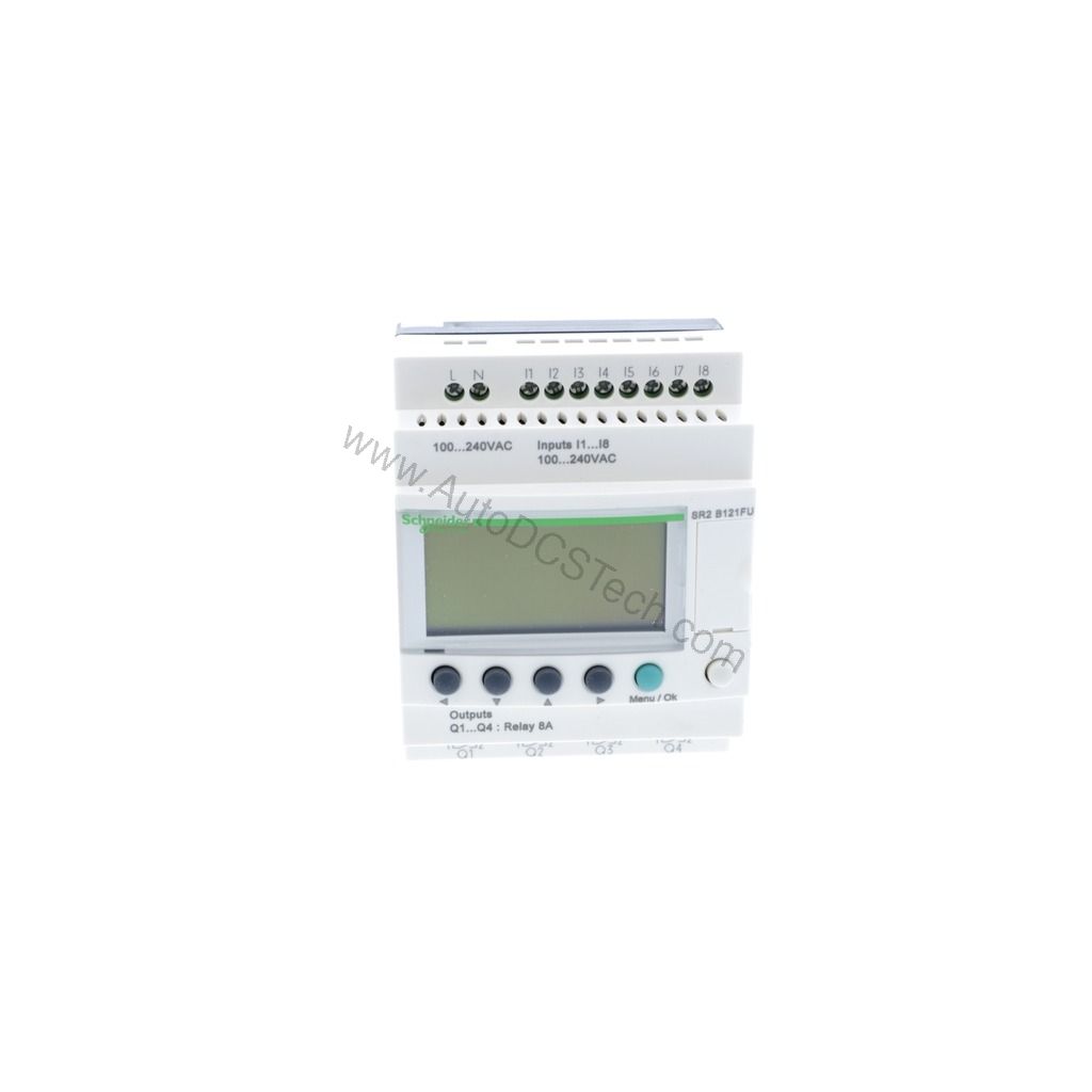 Figure 1: Front view of the Schneider Electric SR2B121FU industrial automation component showing its physical design and enclosure.