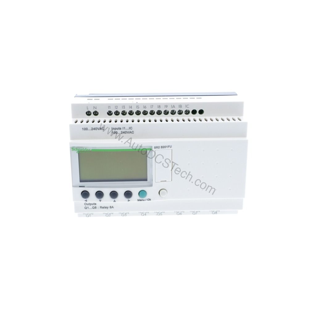 Figure 1: Front view of the Schneider Electric SR2B201FU industrial automation component showing its physical design and enclosure.