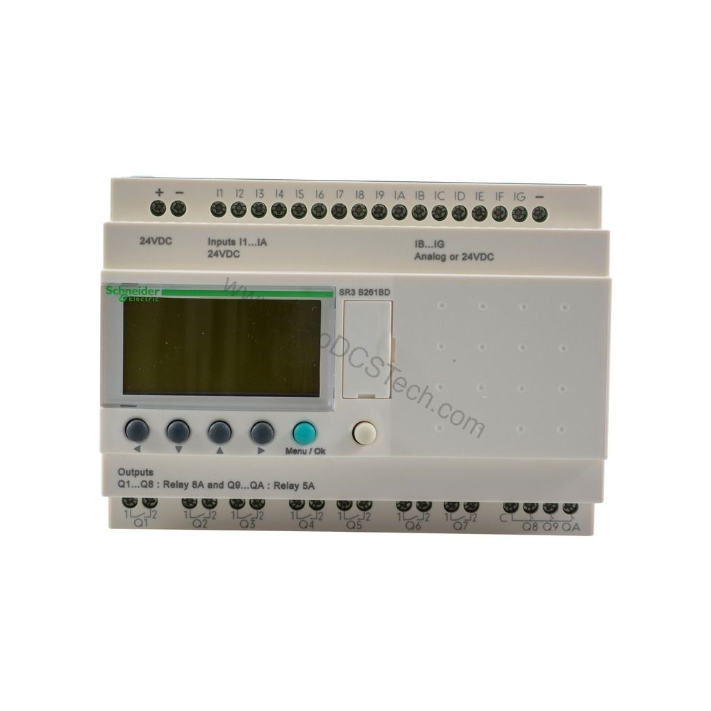 Figure 1: Front view of the Schneider Electric SR3B261BD industrial automation component showing its physical design and enclosure.