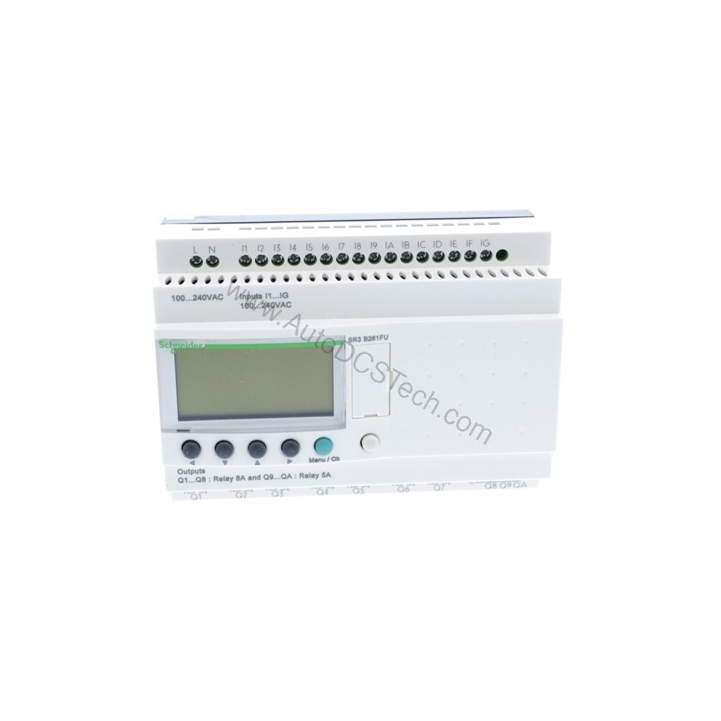 Figure 1: Front view of the Schneider Electric SR3B261FU industrial automation component showing its physical design and enclosure.