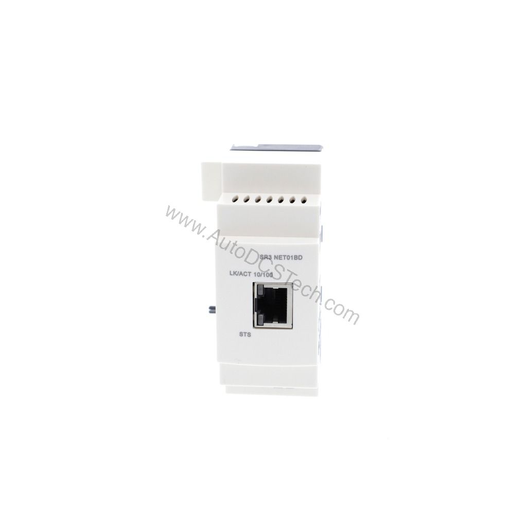 Figure 1: Front view of the Schneider Electric SR3NET01BD industrial automation component showing its physical design and enclosure.