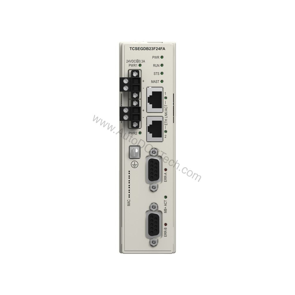 Figure 1: Front view of the Schneider Electric TCSEGDB23F24FA industrial automation component showing its physical design and enclosure.