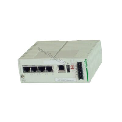 Figure 2: Technical layout and connection details for the Schneider Electric TCSESM043F2CS0 industrial automation component.