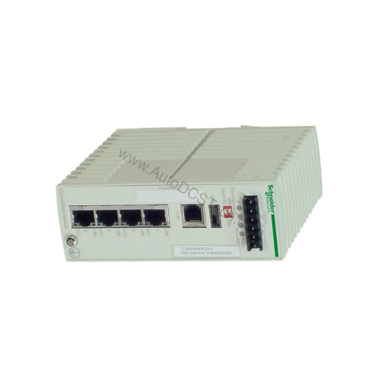 Figure 2: Technical layout and connection details for the Schneider Electric TCSESM083F2CS0 industrial automation component.
