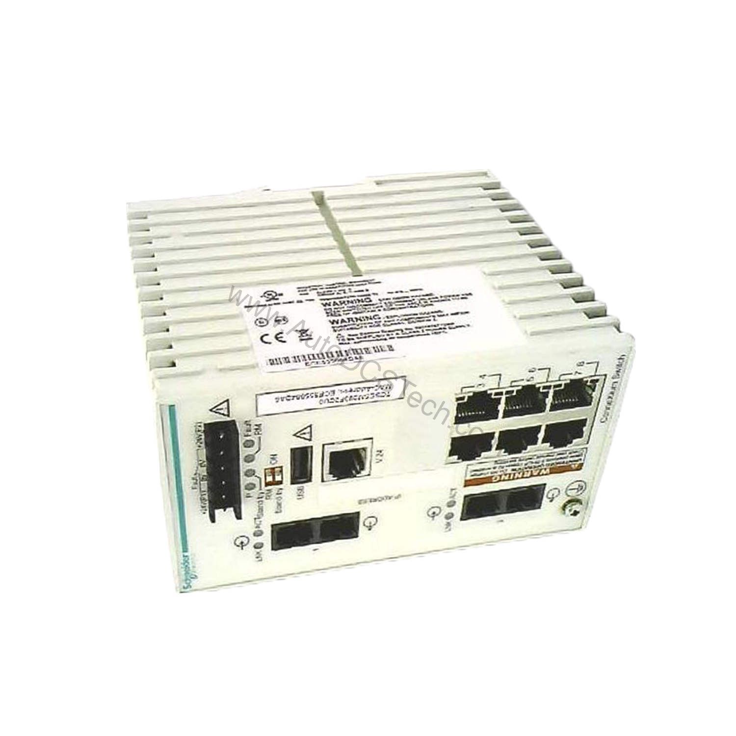 Figure 2: Technical layout and connection details for the Schneider Electric TCSESM083F2CU0 industrial automation component.