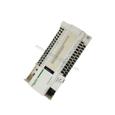 Figure 2: Technical layout and connection details for the Schneider Electric TM218LDA40DRN industrial automation component.