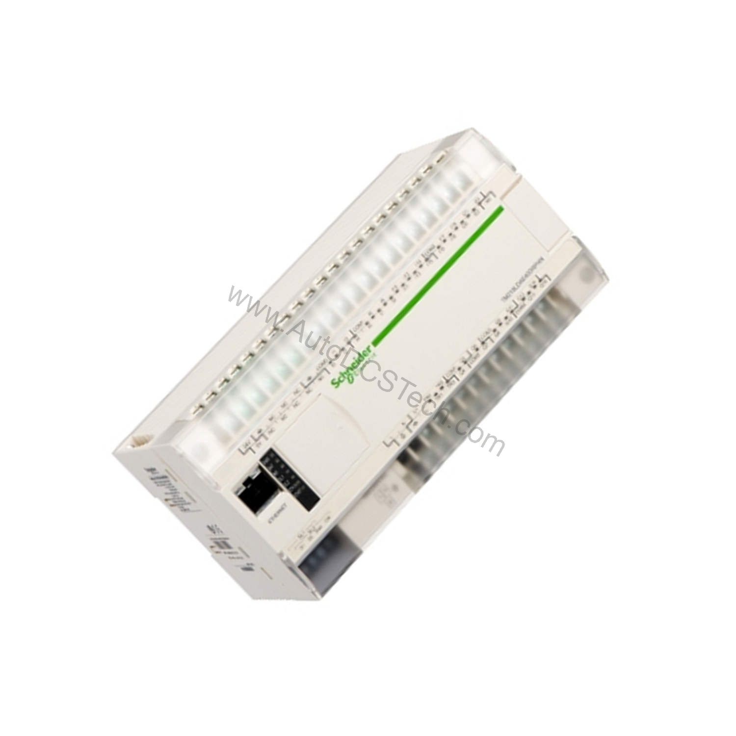 Figure 2: Technical layout and connection details for the Schneider Electric TM218LDA40DR4PHN industrial automation component.