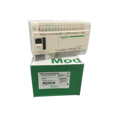 Figure 1: Front view of the Schneider Electric TM218LDAE24DRHN industrial automation component showing its physical design and enclosure.