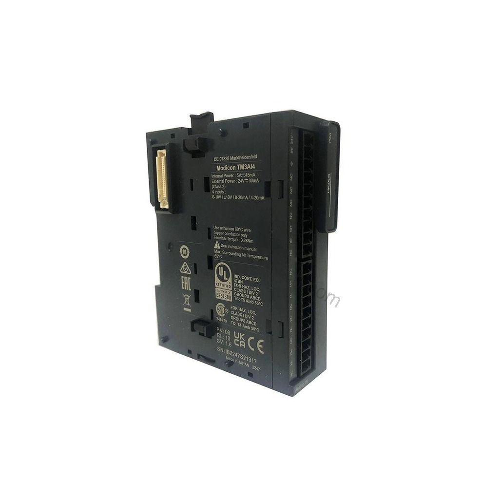 Figure 1: Front view of the Schneider Electric TM3AI4 industrial automation component showing its physical design and enclosure.