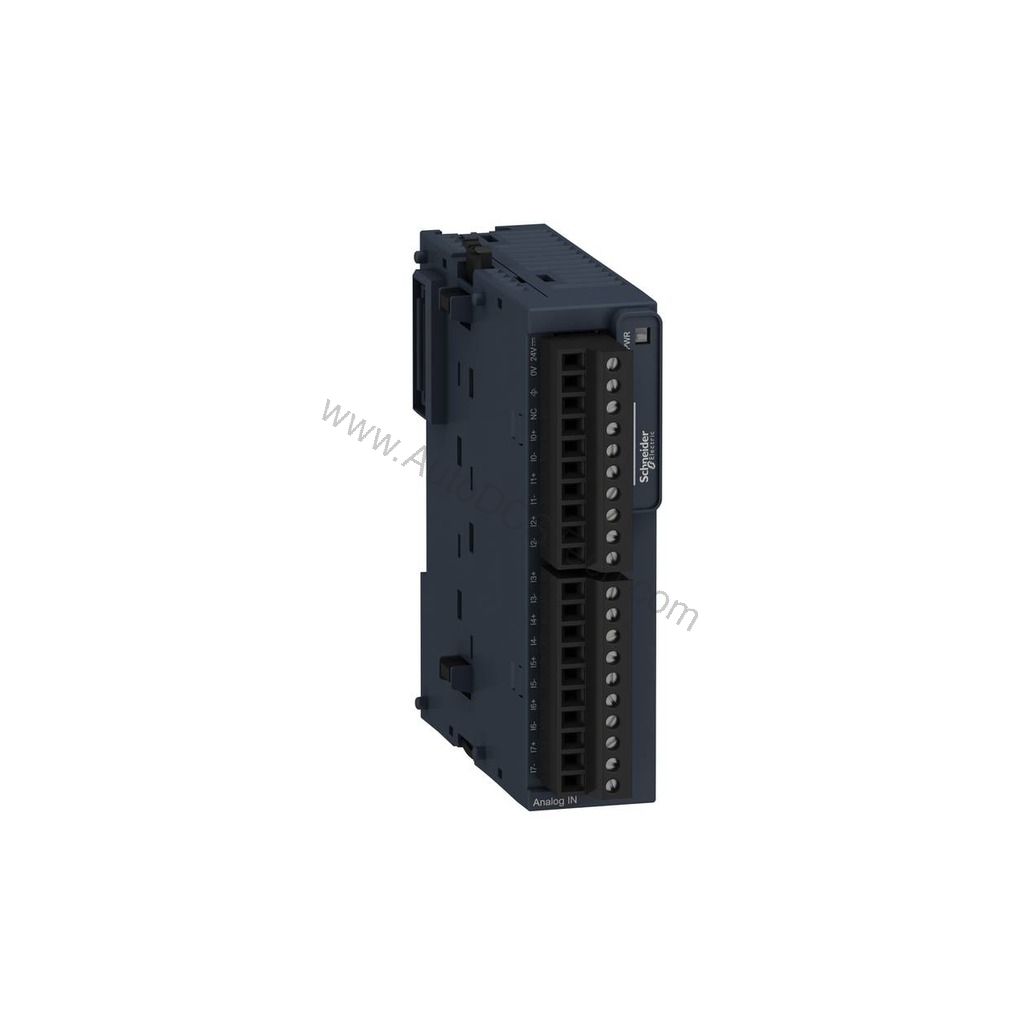 Figure 1: Front view of the Schneider Electric TM3AI8 industrial automation component showing its physical design and enclosure.